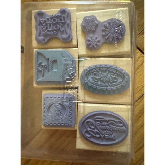 Stampin Up! Christmas Stamp Tag Set Of 6 Wooden Stamps Santa Snowman Snowflakes - Picture 2 of 2